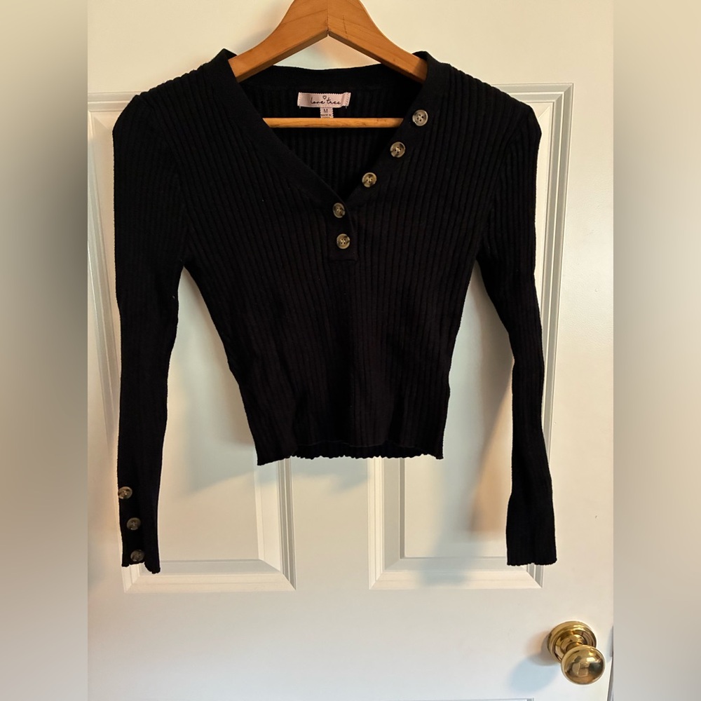 Love Tree Black Ribbed Long Sleeve Top with Button Accents